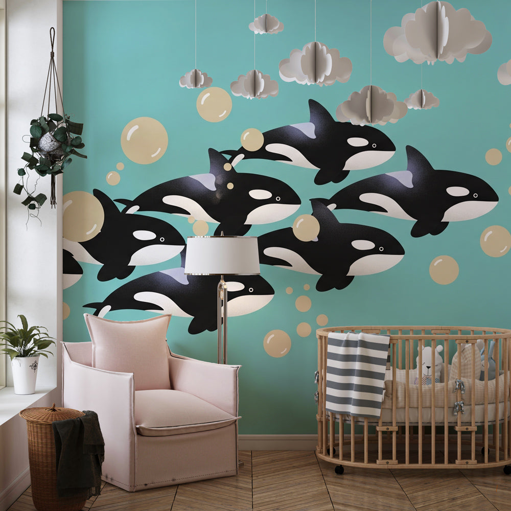 Marine animal mural wallpaper with baby orcas decorating modern children's bedroom by Kids-Mundo