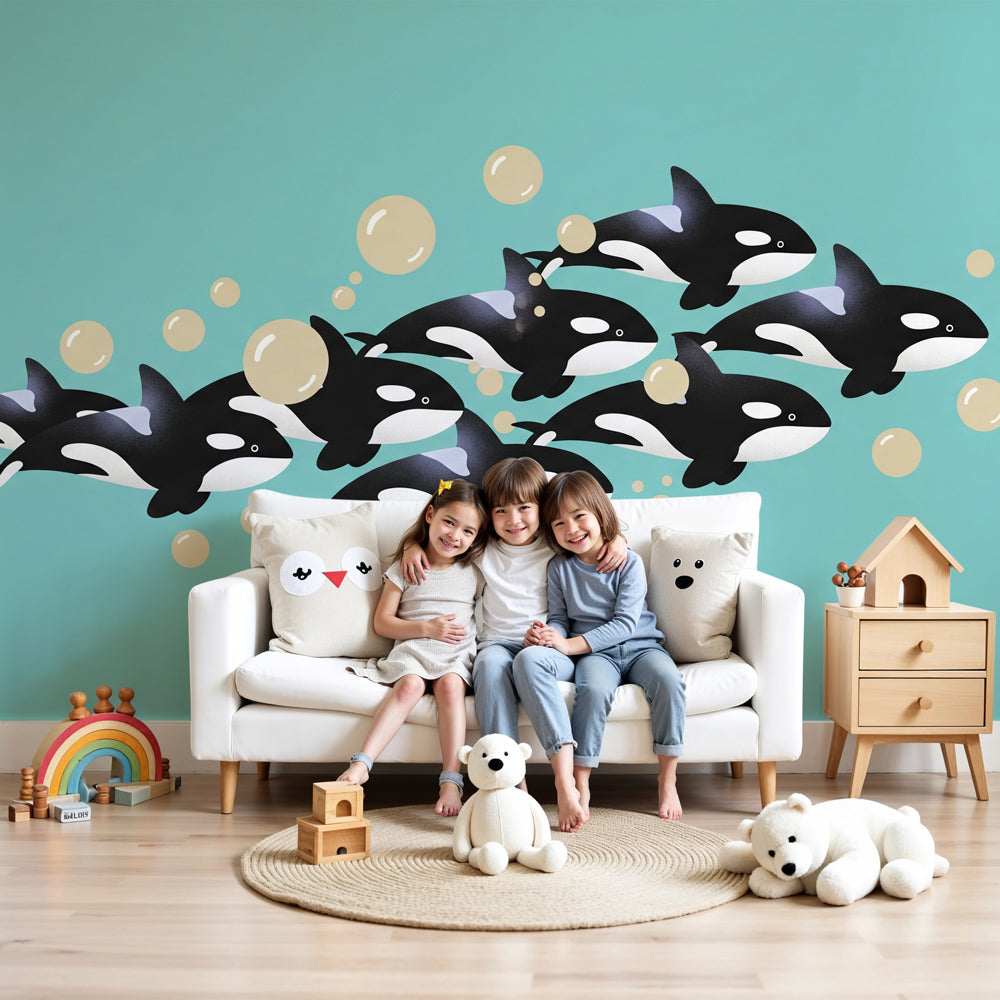 Orca school mural wallpaper creating ocean-themed nursery decor with turquoise waters by Kids-Mundo