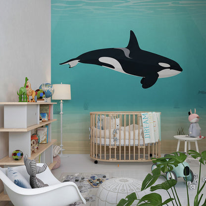 Kids-Mundo sandy seabed orca wall mural fitted to a kids' bedroom wall.