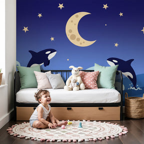 Orca whale mural wallpaper creating magical ocean nursery decor with starry night theme by Kids-Mundo