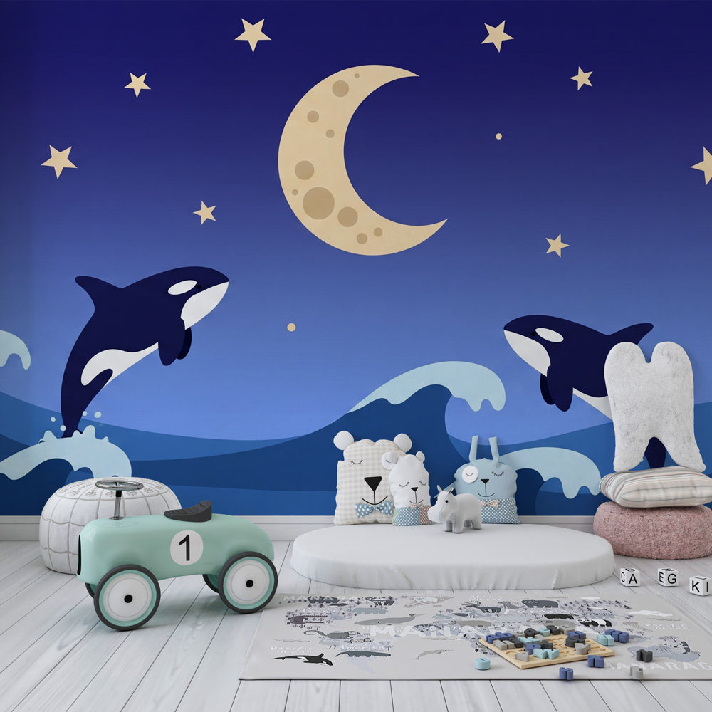 Ocean themed mural wallpaper with orca whales and stars for peaceful kids room by Kids-Mundo
