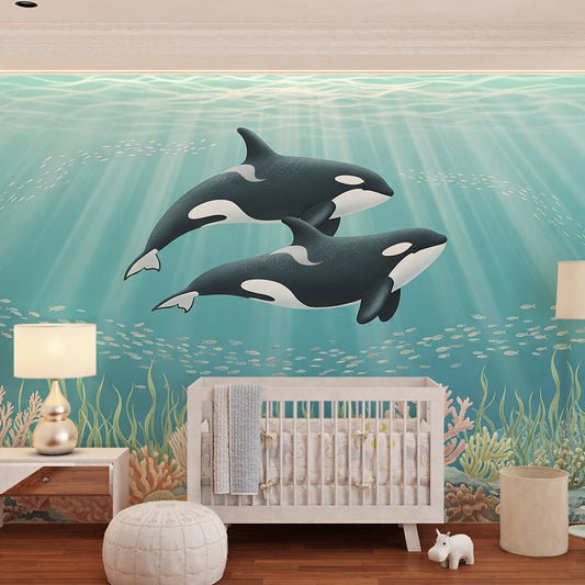 Kids-Mundo made-to-measure coral reef orca mural fitted to a kids bedroom wall.