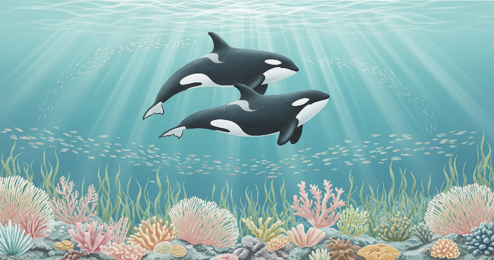 Orcas Swimming Over a Colourful Coral Reef Wall Mural