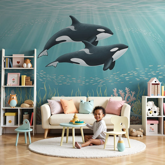 Kids-Mundo orca coral reef wall mural shown in a bright, colourful nursery room.