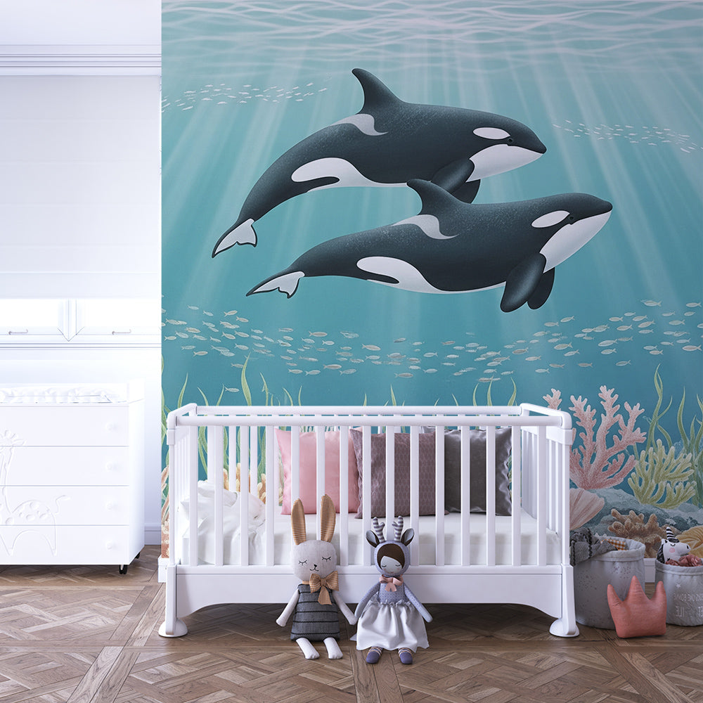 Kids-Mundo colourful orca reef wall mural styled in a playful children's playroom.