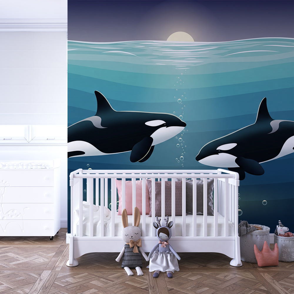 Kids-Mundo made-to-measure orca wall mural fitted to a children's bedroom wall at dusk light.