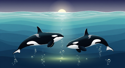 Kids-Mundo flat artwork of two orcas swimming beneath a glowing underwater light design.