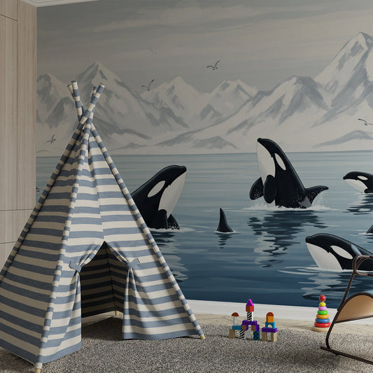 Kids-Mundo orcas mural installed in a children's bedroom, made-to-measure ocean wallpaper design.
