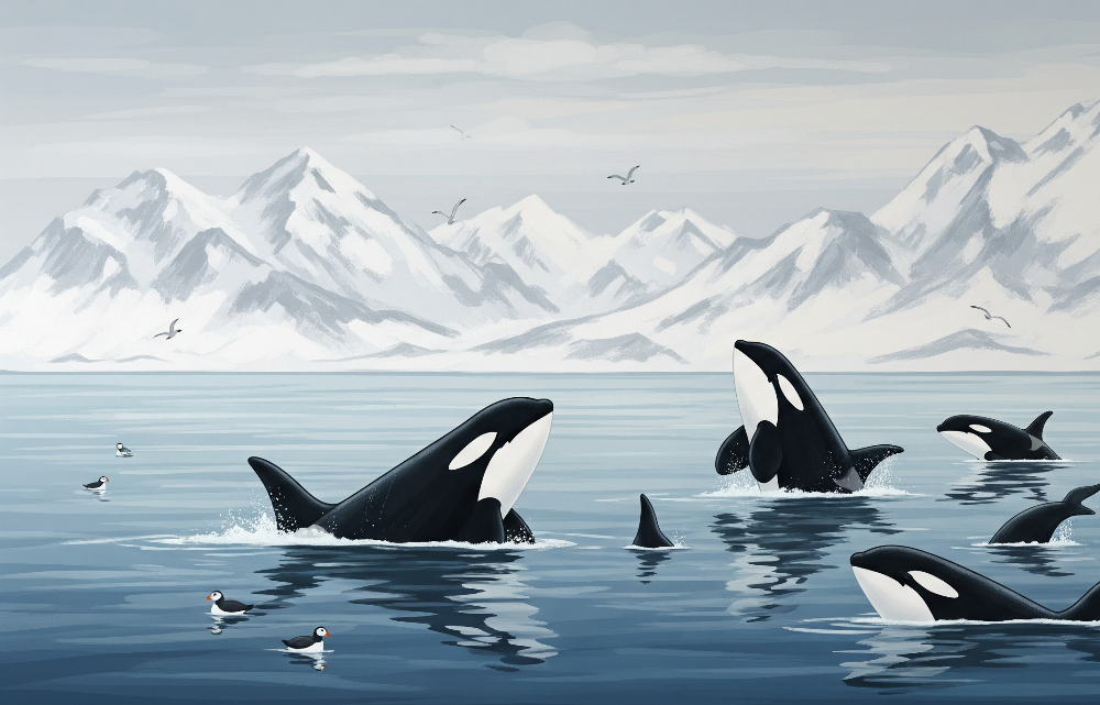 Orcas Breaching Beneath Snowy Mountains Wall Mural