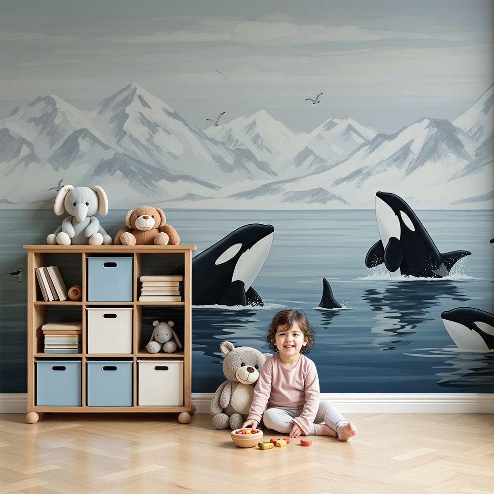 Kids-Mundo orca wall mural in a calm nursery, made-to-measure snowy mountain wallpaper behind a cot.
