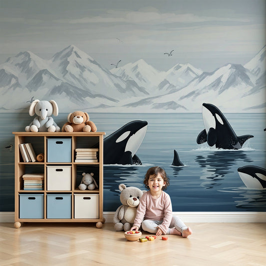 Kids-Mundo orca wall mural in a calm nursery, made-to-measure snowy mountain wallpaper behind a cot.