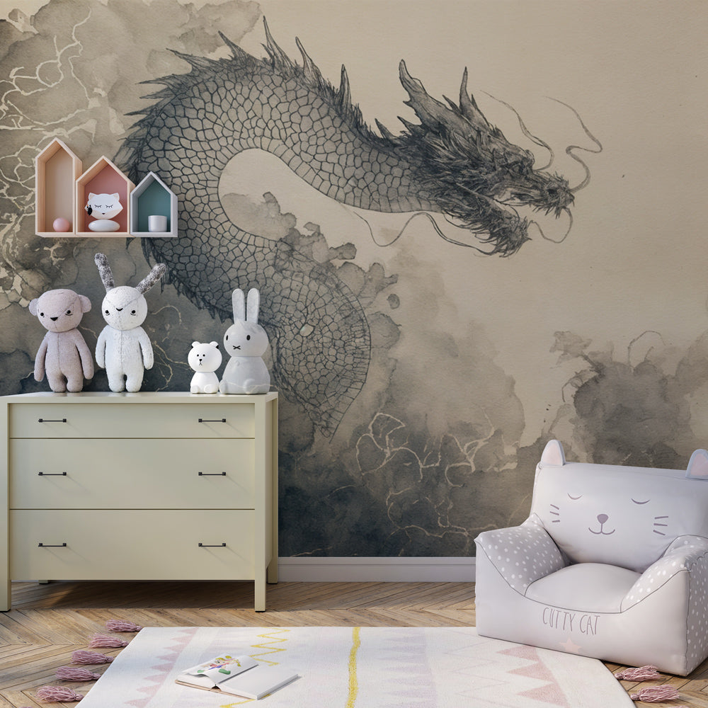 Beige and sky blue dragon wallpaper creating magical atmosphere in children's bedroom