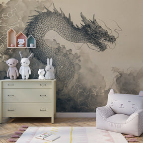 Beige and sky blue dragon wallpaper creating magical atmosphere in children's bedroom