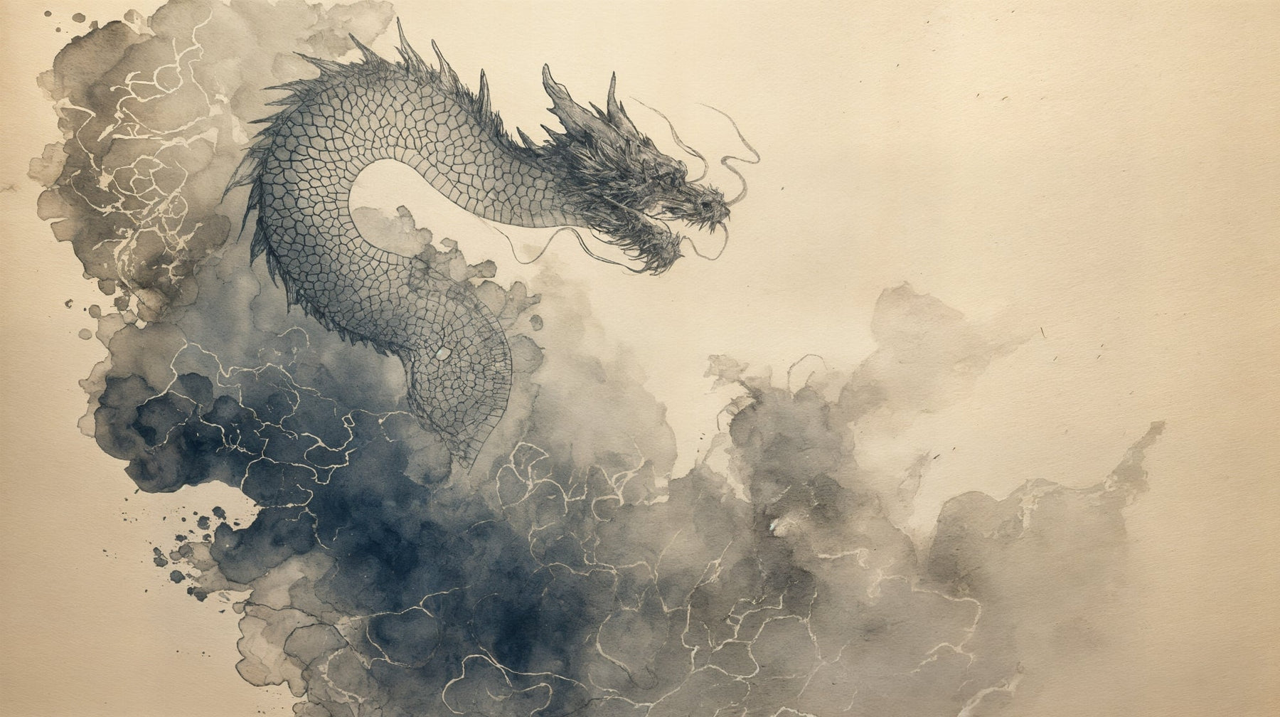 Detailed oriental dragon mural wallpaper design pattern with delicate ink illustration by Kids-Mundo