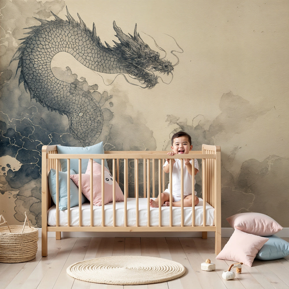 Oriental dragon mural wallpaper with delicate ink illustration in modern nursery by Kids-Mundo
