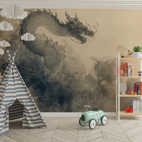 Mythical dragon wallpaper inspiring imaginative play in kids playroom decor