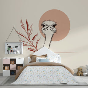 Nature-themed ostrich wallpaper transforming children's bedroom with artistic botanical elements