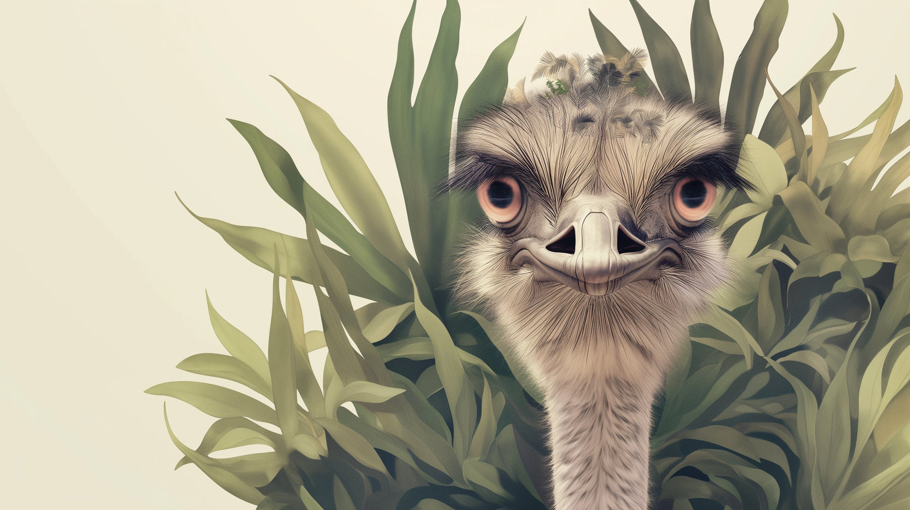 Detailed ostrich and tropical leaves mural wallpaper design pattern by Kids-Mundo