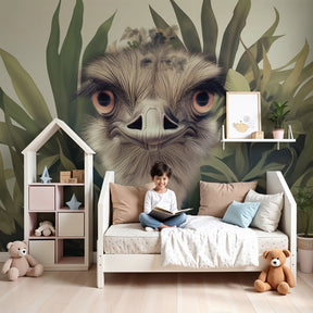 Ostrich mural wallpaper with tropical leaves decorating modern children's nursery by Kids-Mundo