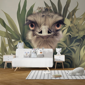 Tropical ostrich mural wallpaper with lush foliage in children's room by Kids-Mundo