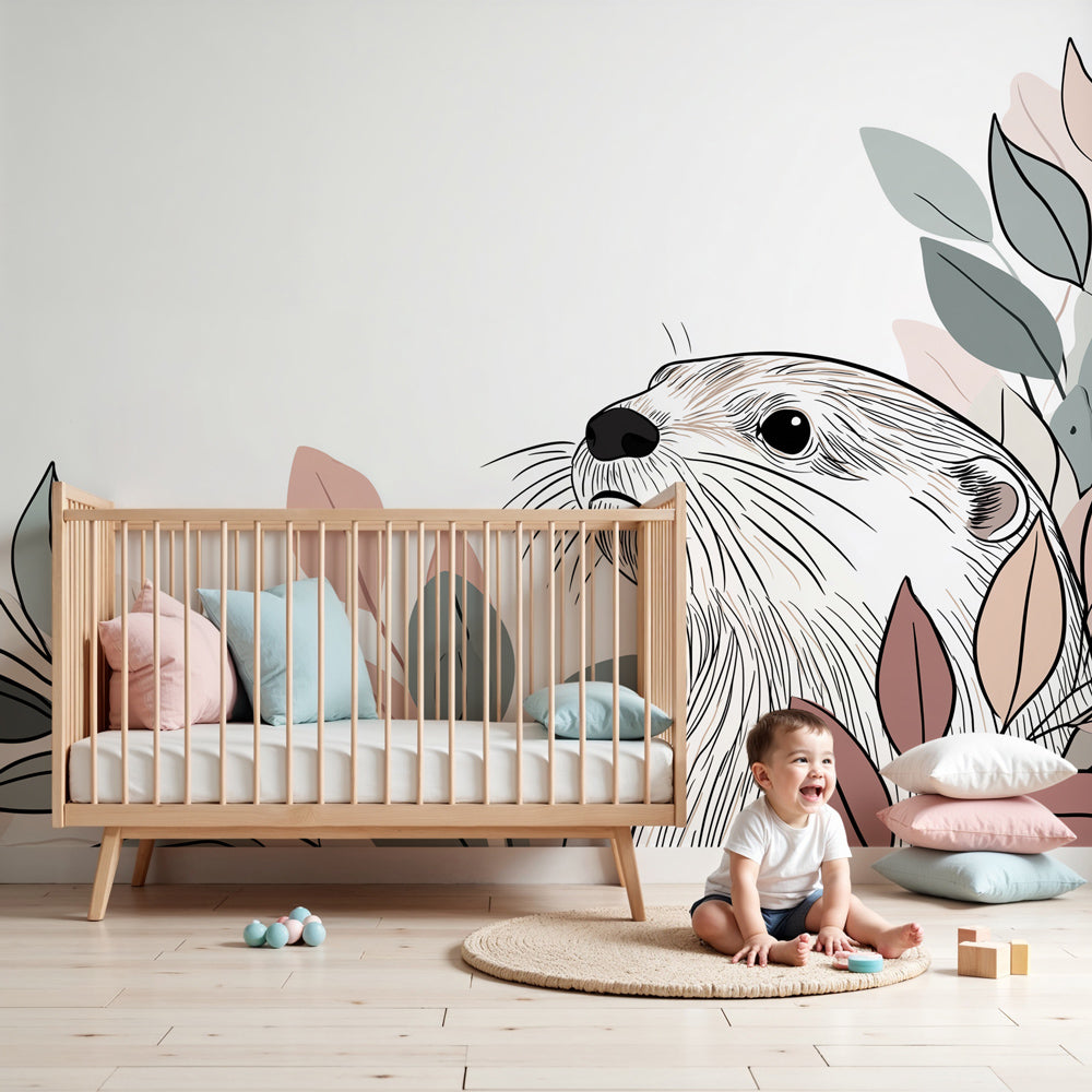 Curious otter mural wallpaper in soft pastels decorating modern nursery by Kids-Mundo