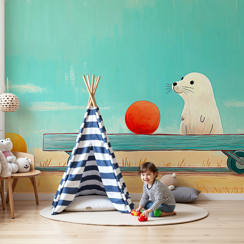 Otter mural wallpaper with colorful balls decorating modern nursery room by Kids-Mundo