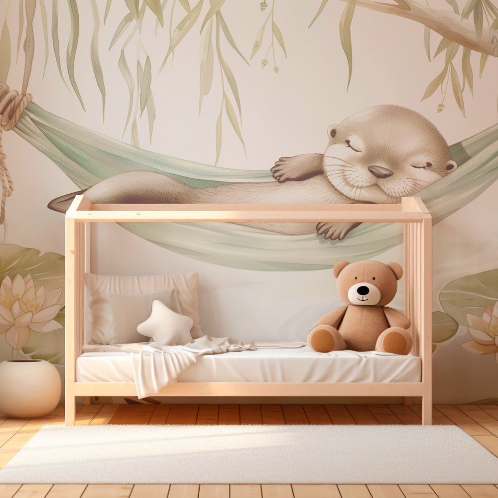 Woodland otter mural wallpaper creating serene toddler bedroom decor with natural green tones