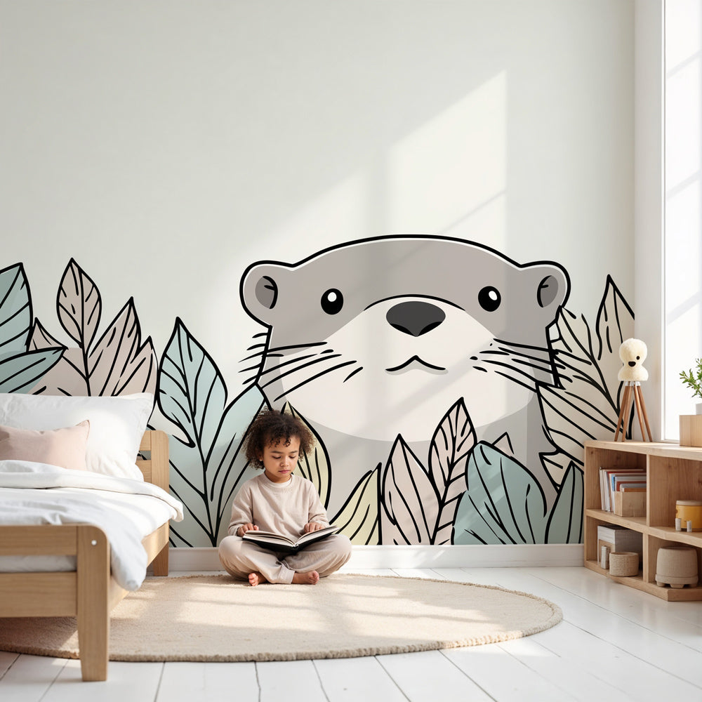 Otter tropical foliage mural wallpaper in modern nursery room setting by Kids-Mundo