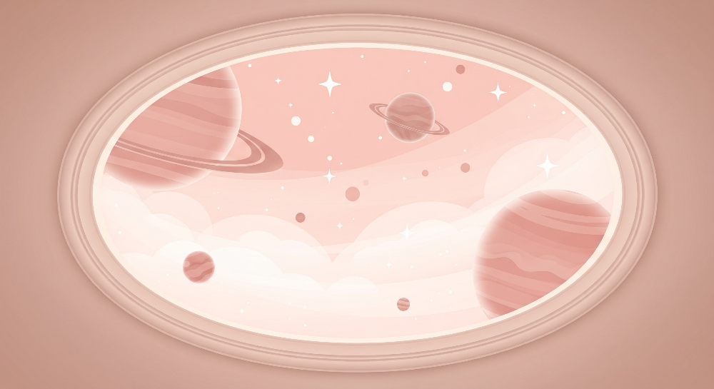Oval Window with Ringed Planets and Stars Wall Mural