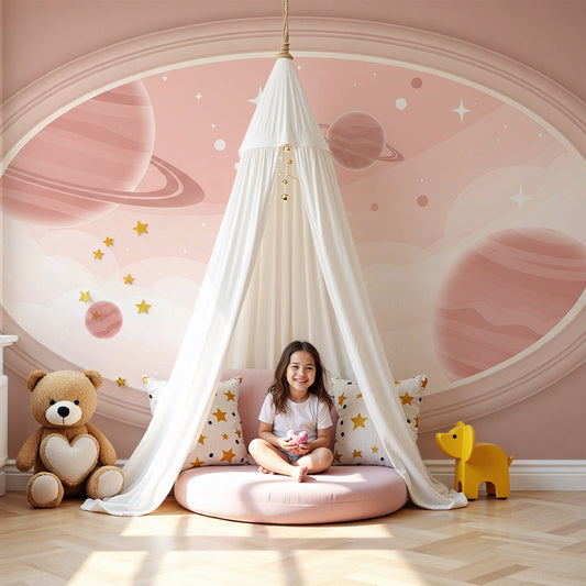 Kids-Mundo oval planet window wall mural above a cot in a soft rose nursery.