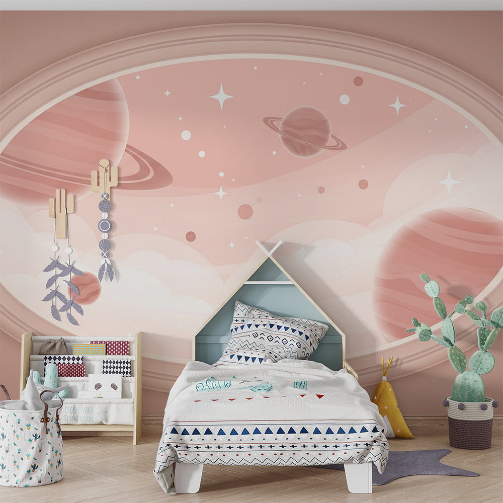 Kids-Mundo oval planet wall mural adding a calm feature to a playroom corner.