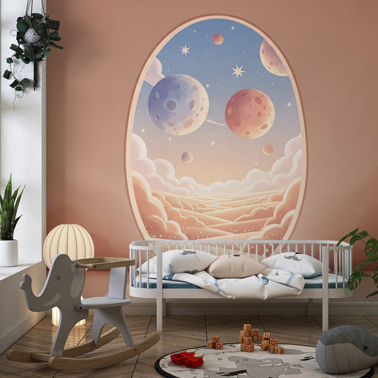 Kids-Mundo dusky sky and planets wall mural styled in a calm kids bedroom
