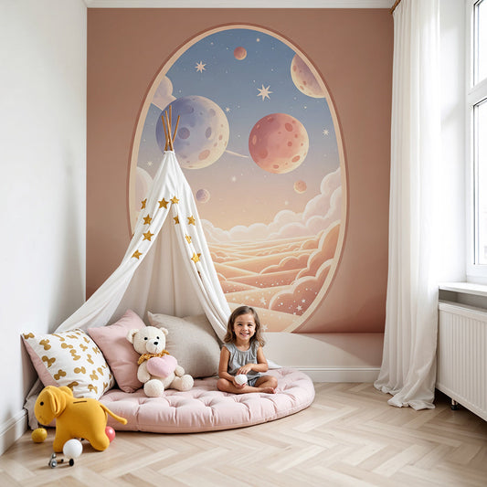 Kids-Mundo oval window planets at dusk wall mural in a soft blue baby nursery