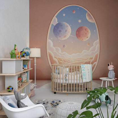Kids-Mundo oval window space wall mural featured in a bright children's playroom