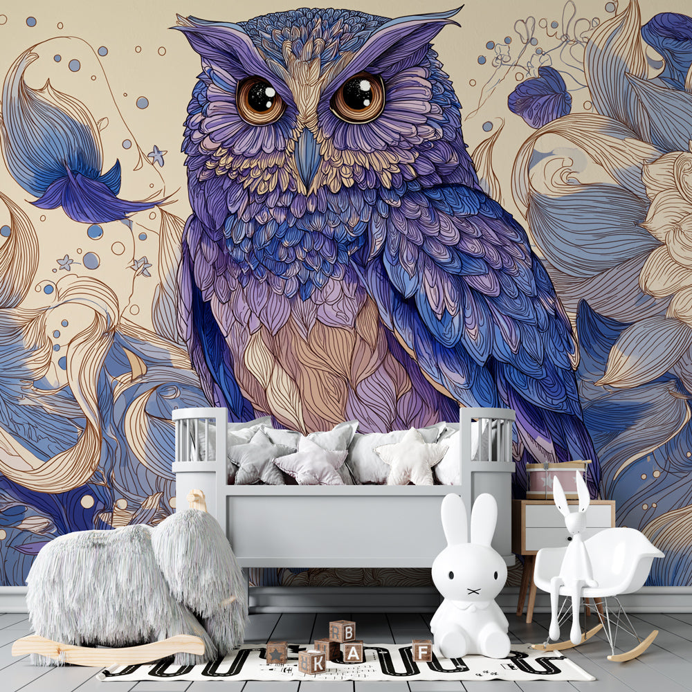Majestic owl wallpaper with flowers decorating modern kids bedroom interior