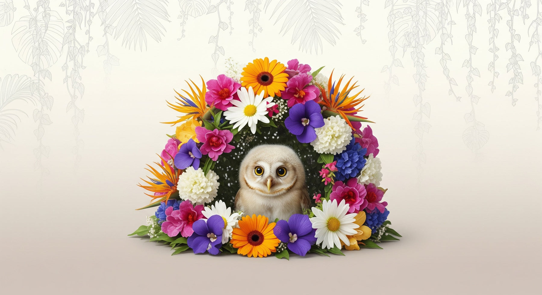 Detailed owl and colorful flowers mural wallpaper design pattern showing botanical garden theme by Kids-Mundo