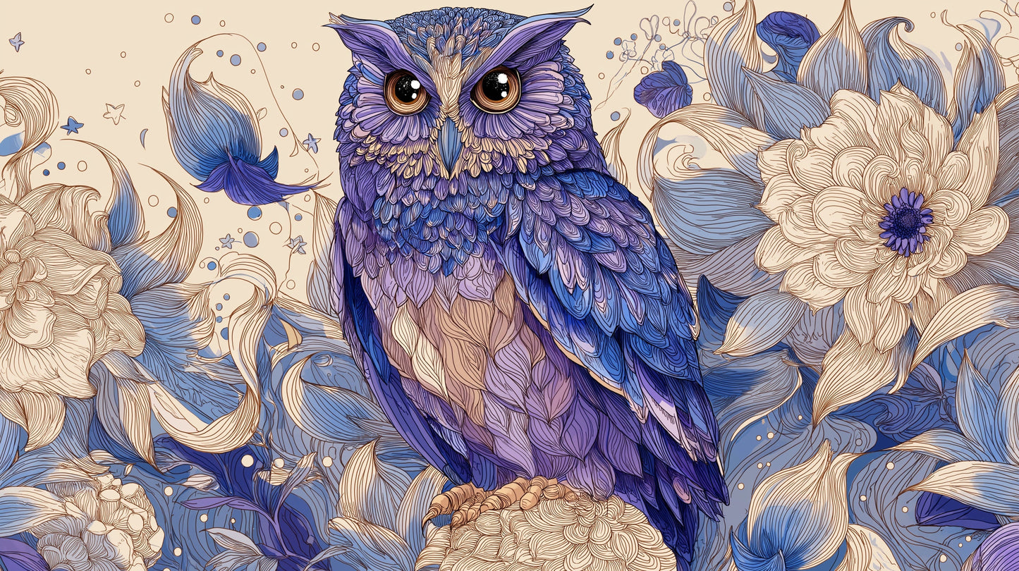 Detailed owl and purple flowers mural wallpaper design pattern by Kids-Mundo