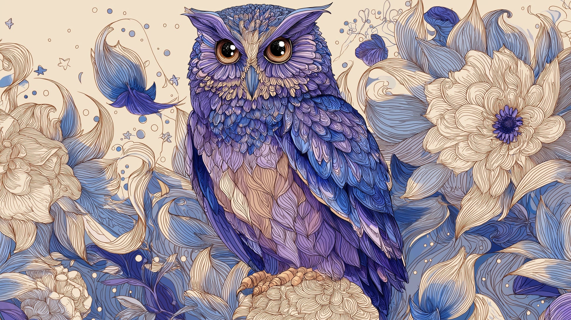 Detailed owl and purple flowers mural wallpaper design pattern by Kids-Mundo