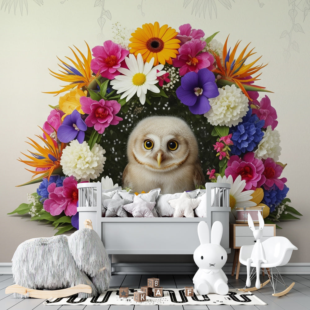 Colorful owl and flower wallpaper transforming modern kids bedroom into enchanted garden space