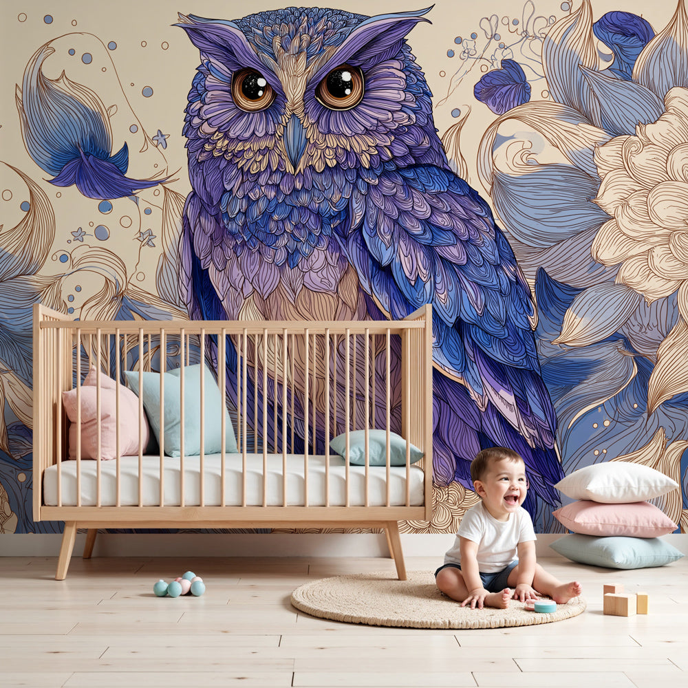Purple owl floral mural wallpaper creating magical nursery atmosphere by Kids-Mundo