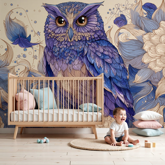 Purple owl floral mural wallpaper creating magical nursery atmosphere by Kids-Mundo