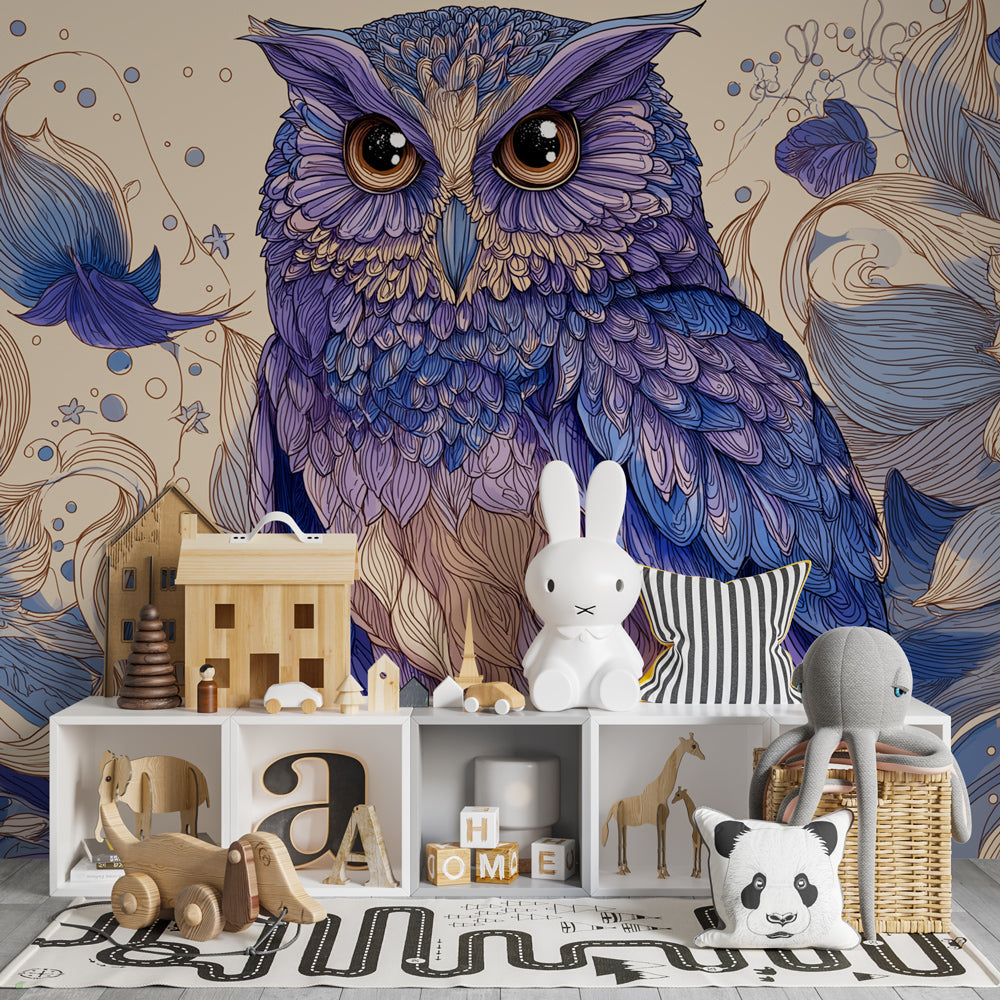Enchanting owl and flower wallpaper transforming children's playroom space