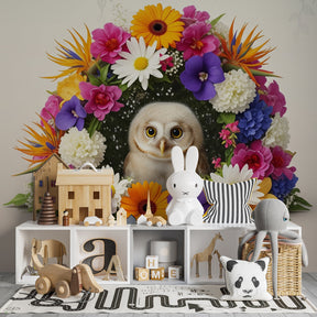 Vibrant floral owl mural wallpaper creating whimsical playroom environment for children by Kids-Mundo