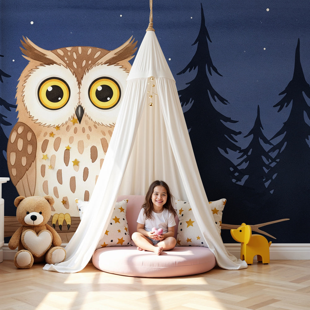 Owl forest mural wallpaper creating magical woodland atmosphere in modern kids bedroom by Kids-Mundo