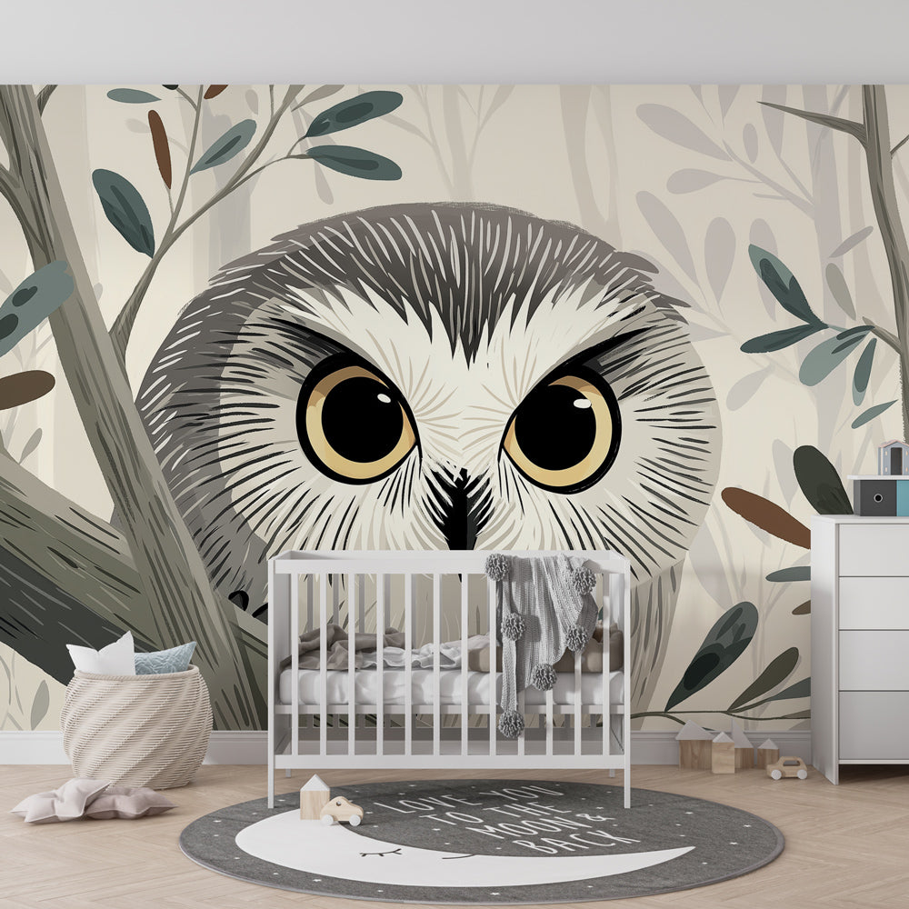Whimsical owl wallpaper transforming children's bedroom into peaceful forest retreat