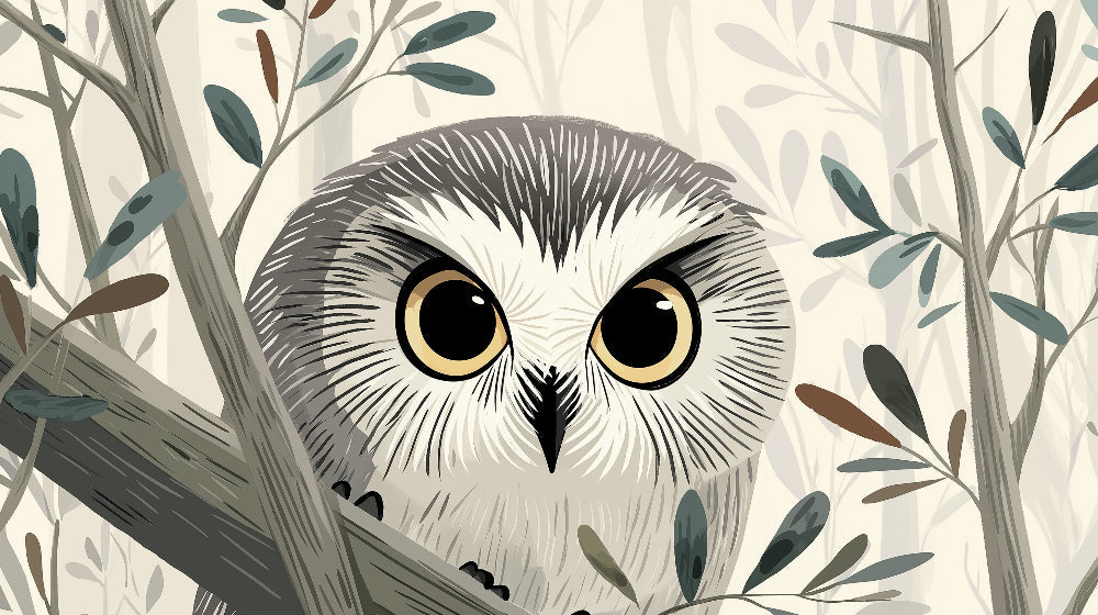 Detailed owl forest mural wallpaper design pattern with woodland branches by Kids-Mundo