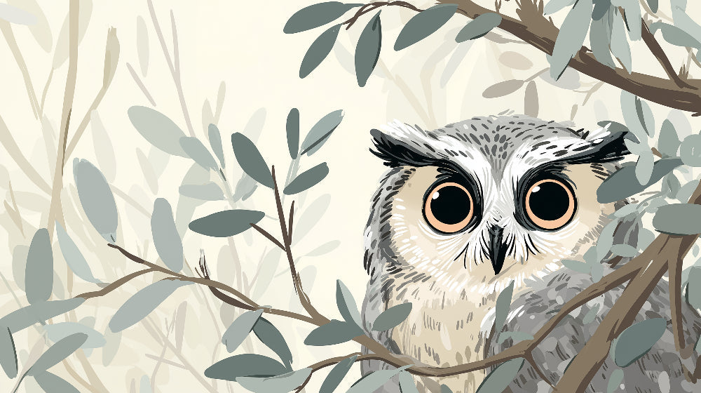 Detailed owl and foliage mural wallpaper design pattern with mystical forest theme by Kids-Mundo
