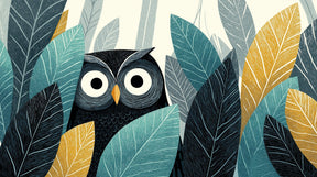 Detailed owl forest mural wallpaper design pattern showing mystical woodland artwork by Kids-Mundo