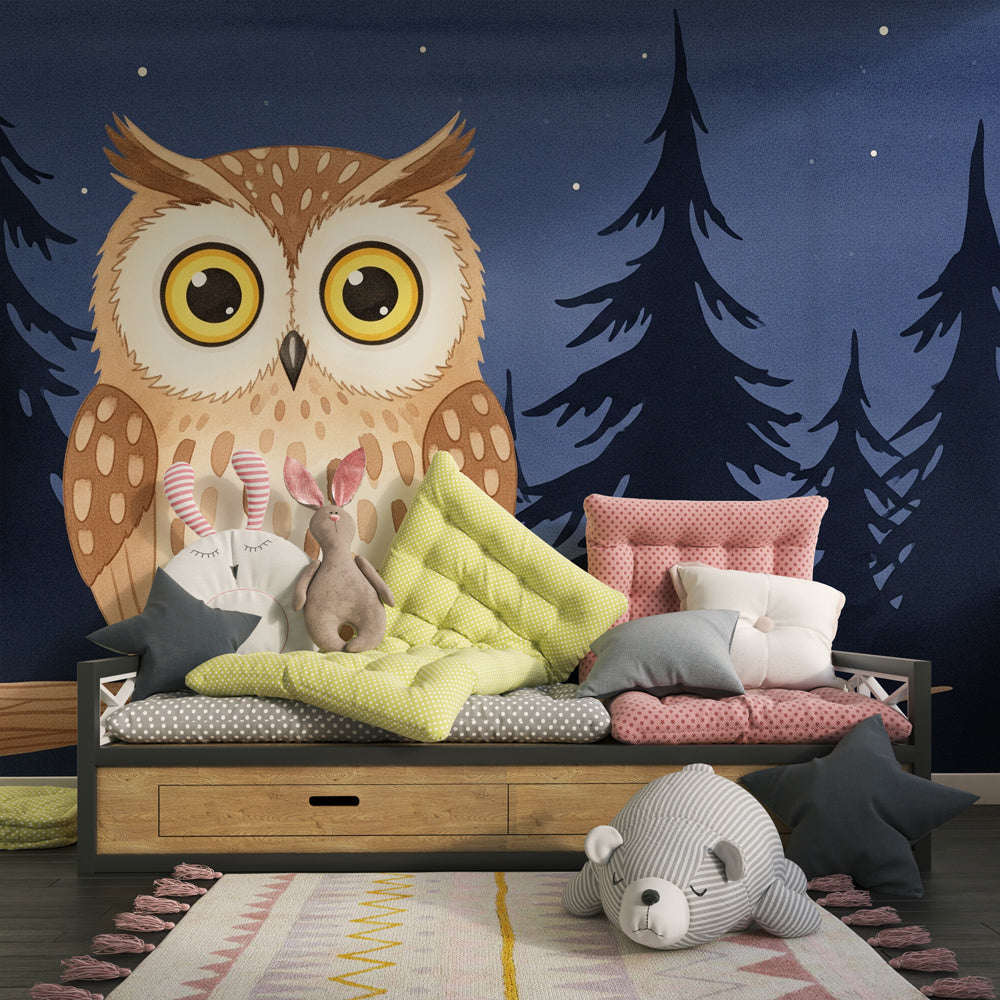Starry night owl wallpaper transforming nursery into peaceful forest sanctuary for children