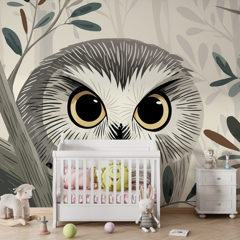 Forest owl mural wallpaper for kids playroom with nature-themed educational decor